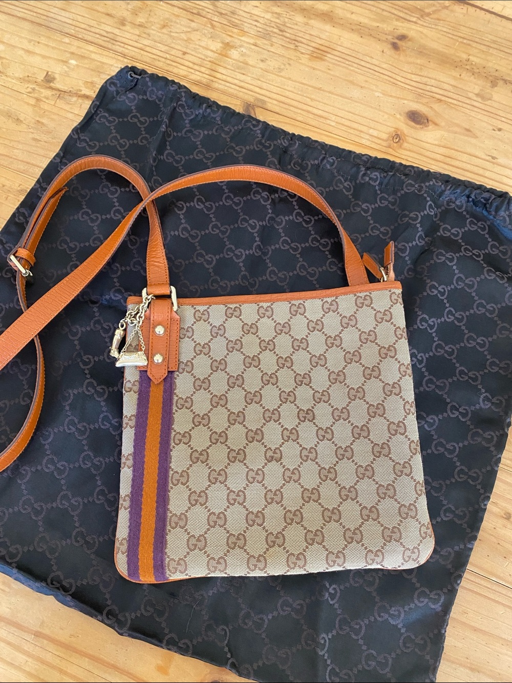 Authentic Gucci Sherry-line Leather Brown/Orange/Purple Canvas GG Crossbody Bag!